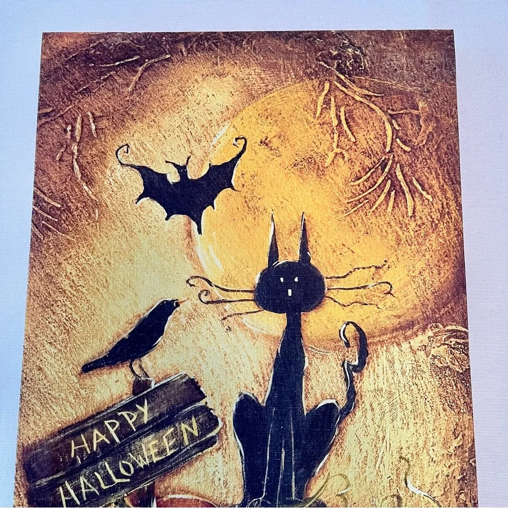 Happy Halloween New Canvas Hanging Wall Picture Art Old Word Spooky Cat Bat Crow